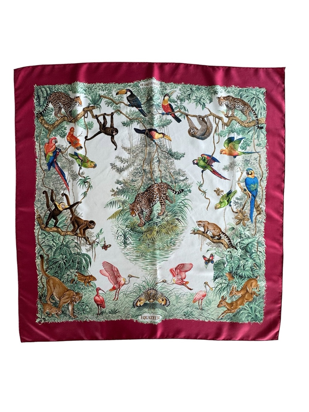 Hermes “Equateur” designed by Robert DalletPrint Silk Scarf with Red Border